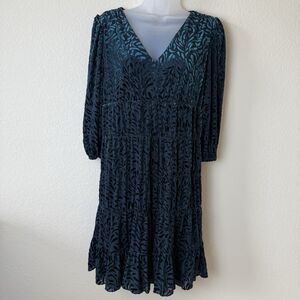 DKNY‎ Women 10 Emerald Green Burnout Velvet Vneck Babydoll Tiered Midi Dress